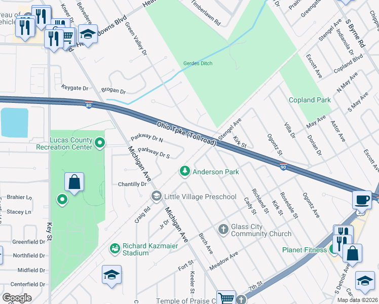 map of restaurants, bars, coffee shops, grocery stores, and more near 1784 Parkway Drive South in Maumee