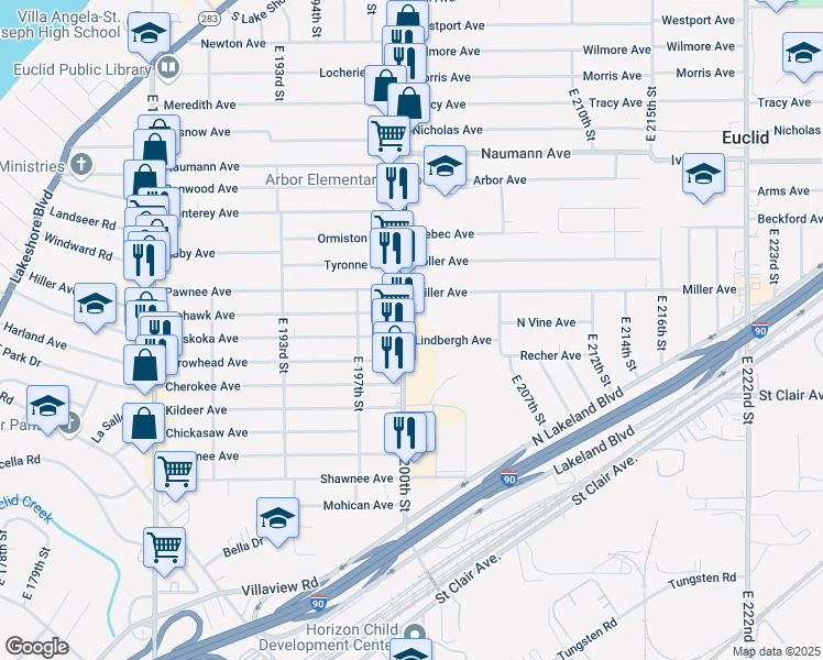 map of restaurants, bars, coffee shops, grocery stores, and more near 677 East 200th Street in Euclid