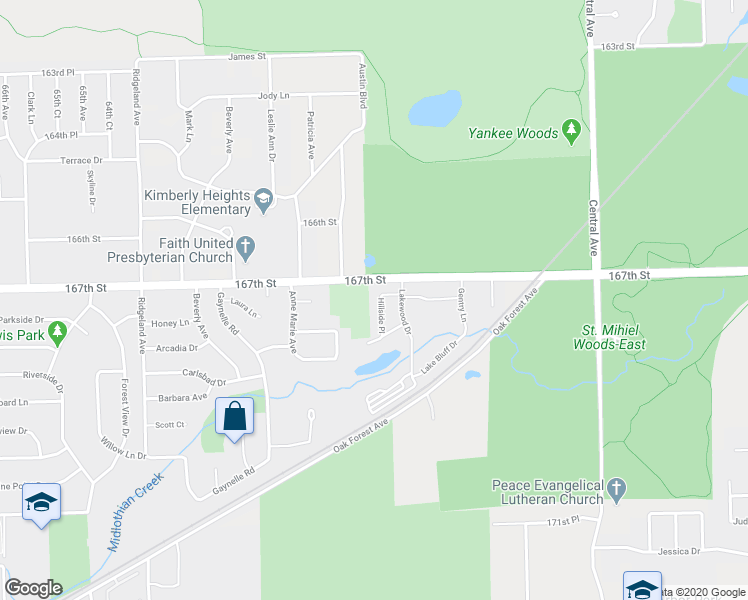 map of restaurants, bars, coffee shops, grocery stores, and more near 16714 Hillside Place in Tinley Park