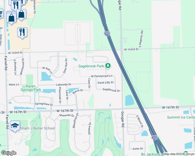 map of restaurants, bars, coffee shops, grocery stores, and more near 16145 West Pennyroyal Lane in Lockport