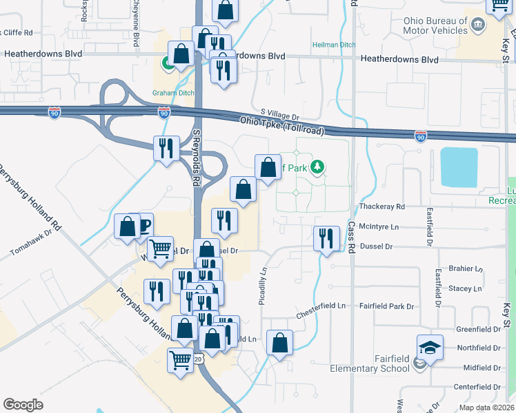 map of restaurants, bars, coffee shops, grocery stores, and more near 1610 Market Pl Dr in Maumee