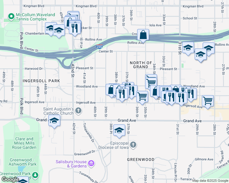 map of restaurants, bars, coffee shops, grocery stores, and more near 626 38th Street in Des Moines
