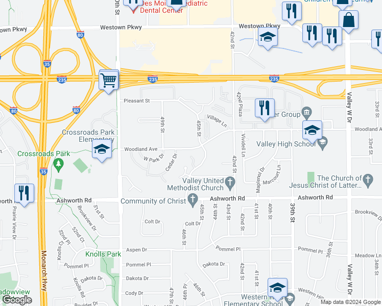 map of restaurants, bars, coffee shops, grocery stores, and more near 1060 Woodland Park Drive in West Des Moines