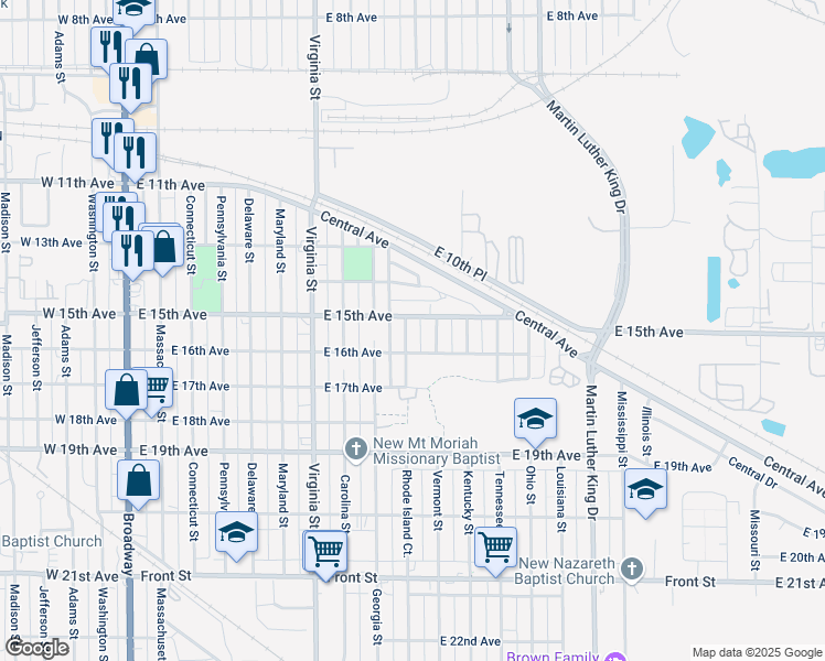 map of restaurants, bars, coffee shops, grocery stores, and more near 1517 Rhode Island Street in Gary