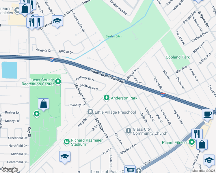 map of restaurants, bars, coffee shops, grocery stores, and more near 1784 Parkway Drive South in Maumee