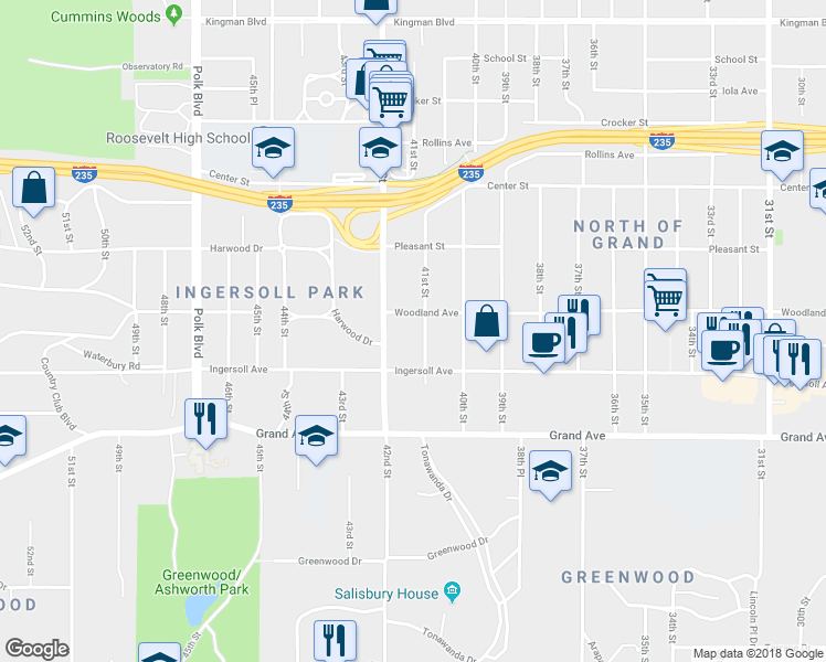 map of restaurants, bars, coffee shops, grocery stores, and more near 630 41st Street in Des Moines