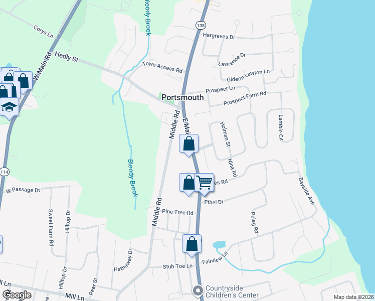 map of restaurants, bars, coffee shops, grocery stores, and more near 2072 E Main Rd in Portsmouth