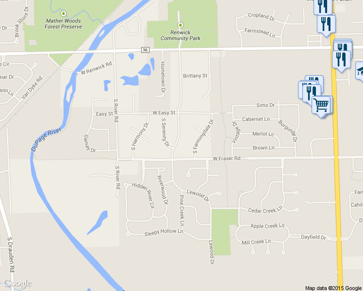map of restaurants, bars, coffee shops, grocery stores, and more near 16231 South Lewood Drive in Plainfield