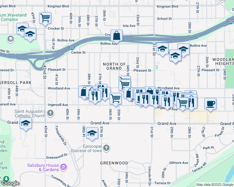 map of restaurants, bars, coffee shops, grocery stores, and more near 626 35th Street in Des Moines