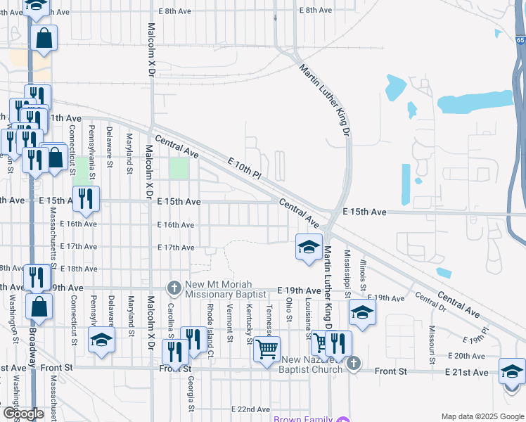 map of restaurants, bars, coffee shops, grocery stores, and more near 1512 Tennessee Street in Gary