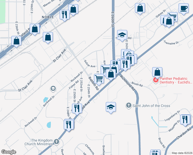map of restaurants, bars, coffee shops, grocery stores, and more near 1554 East 256th Street in Euclid