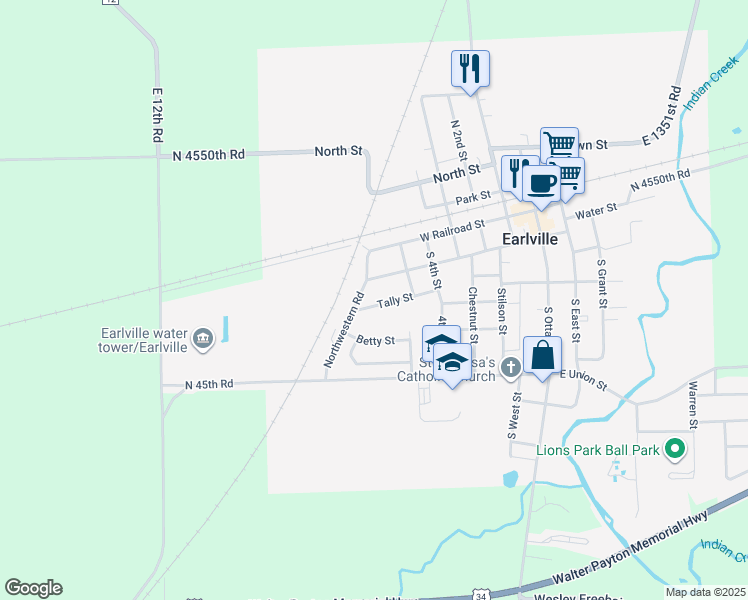 map of restaurants, bars, coffee shops, grocery stores, and more near 636 Tally Street in Earlville