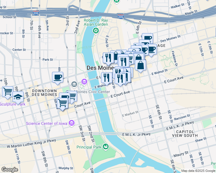 map of restaurants, bars, coffee shops, grocery stores, and more near 107 East Walnut Street in Des Moines