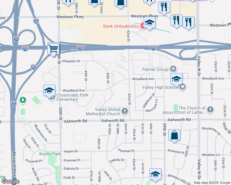 map of restaurants, bars, coffee shops, grocery stores, and more near 1109 Woodland Park Drive in West Des Moines