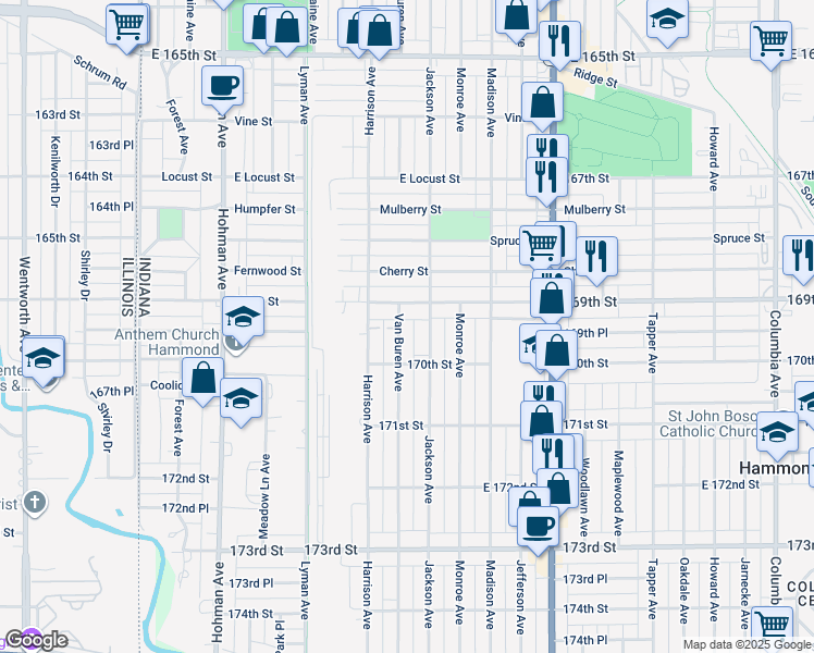 map of restaurants, bars, coffee shops, grocery stores, and more near 6921 Van Buren Avenue in Hammond