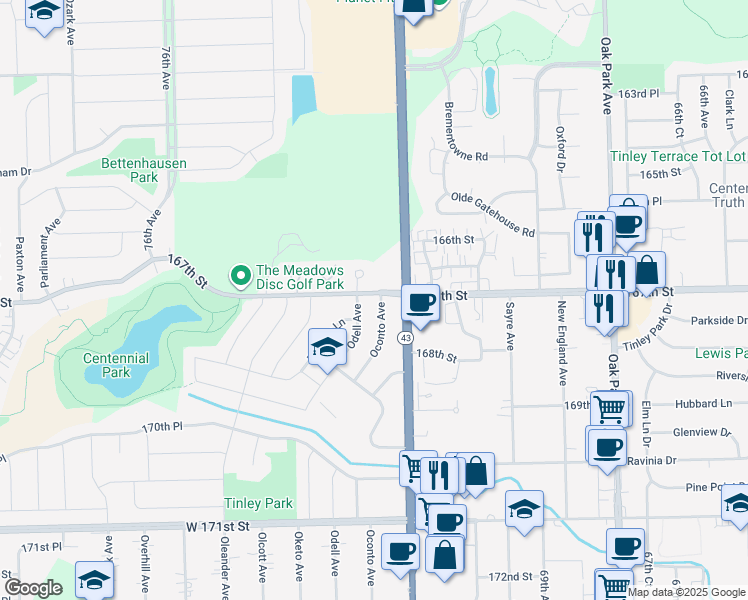 map of restaurants, bars, coffee shops, grocery stores, and more near 16700 Oconto Ave in Tinley Park