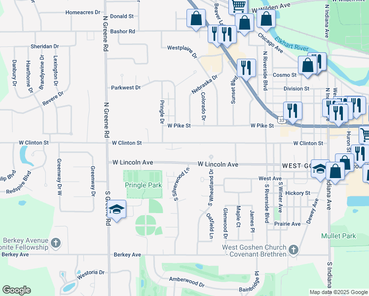 map of restaurants, bars, coffee shops, grocery stores, and more near 1817-1819 Holly Court East in Goshen