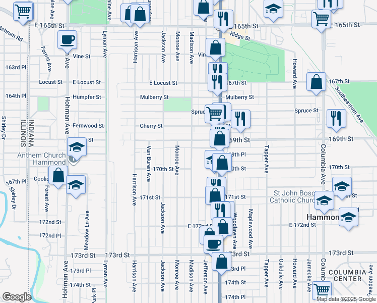 map of restaurants, bars, coffee shops, grocery stores, and more near 6920 Madison Avenue in Hammond