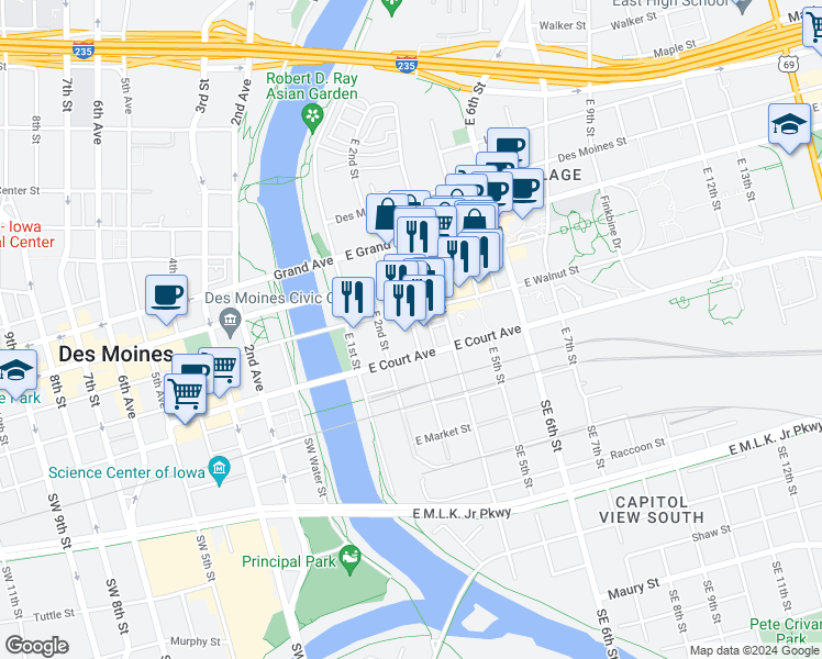 map of restaurants, bars, coffee shops, grocery stores, and more near 222 East 3rd Street in Des Moines