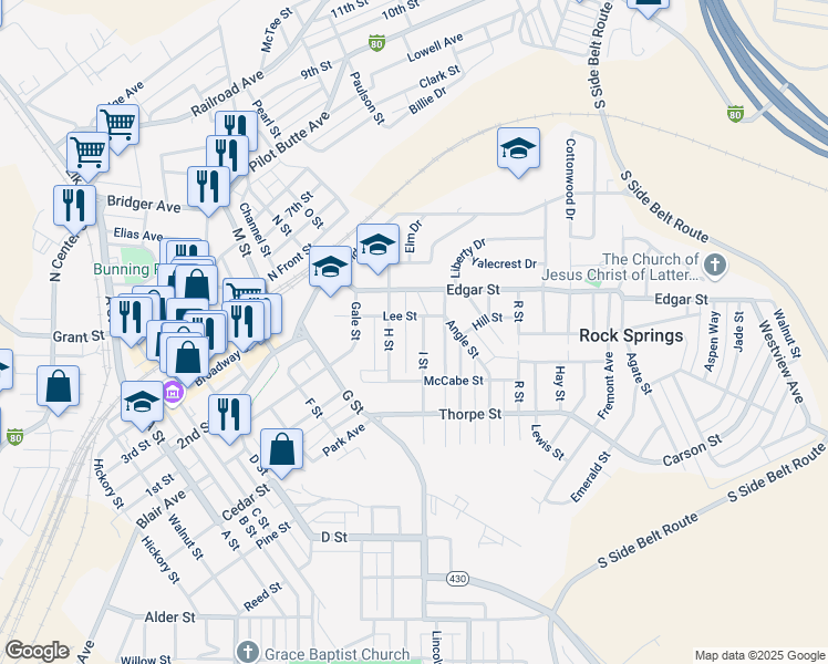 map of restaurants, bars, coffee shops, grocery stores, and more near 321 H Street in Rock Springs