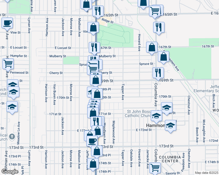 map of restaurants, bars, coffee shops, grocery stores, and more near 845 169th Place in Hammond