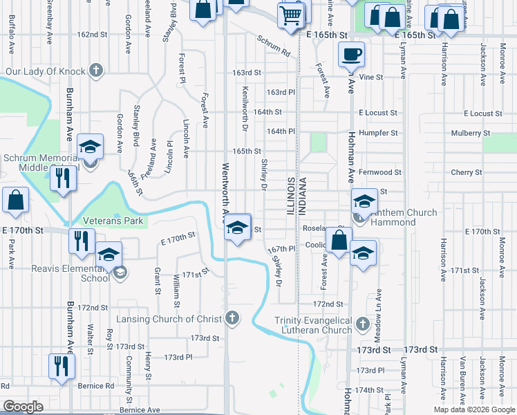 map of restaurants, bars, coffee shops, grocery stores, and more near 1576 Shirley Drive in Calumet City