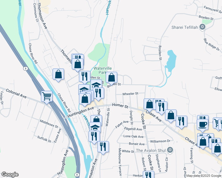 map of restaurants, bars, coffee shops, grocery stores, and more near 64 Winyah Street in Waterbury