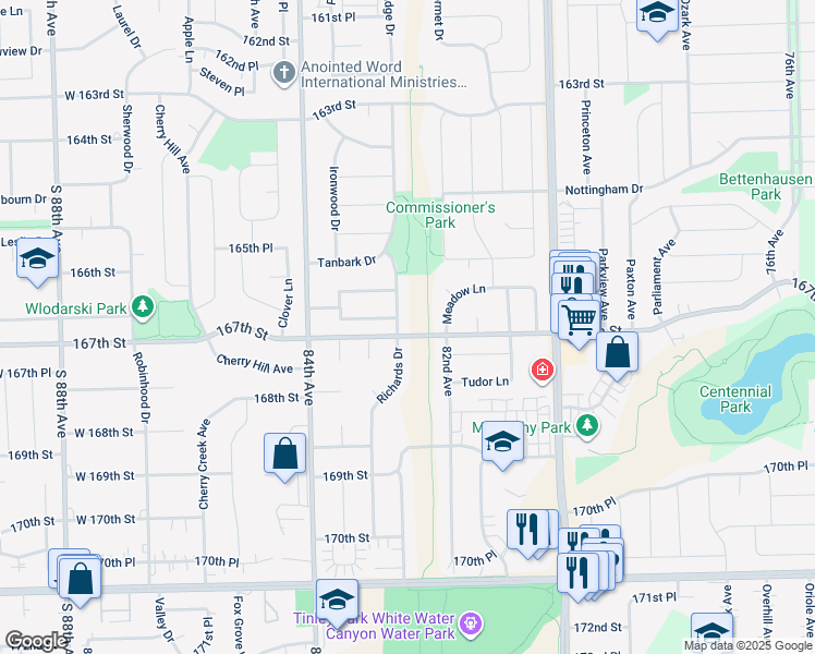 map of restaurants, bars, coffee shops, grocery stores, and more near 16653 Richards Drive in Tinley Park