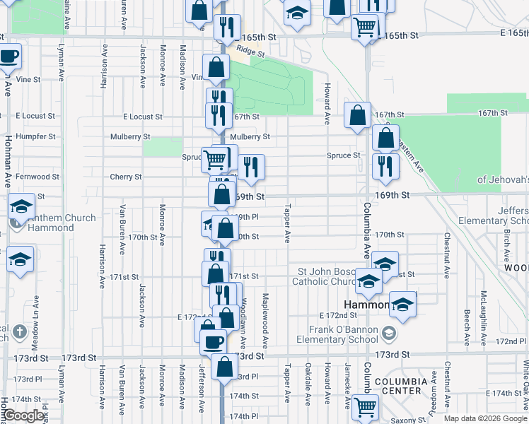 map of restaurants, bars, coffee shops, grocery stores, and more near 913 169th Place in Hammond