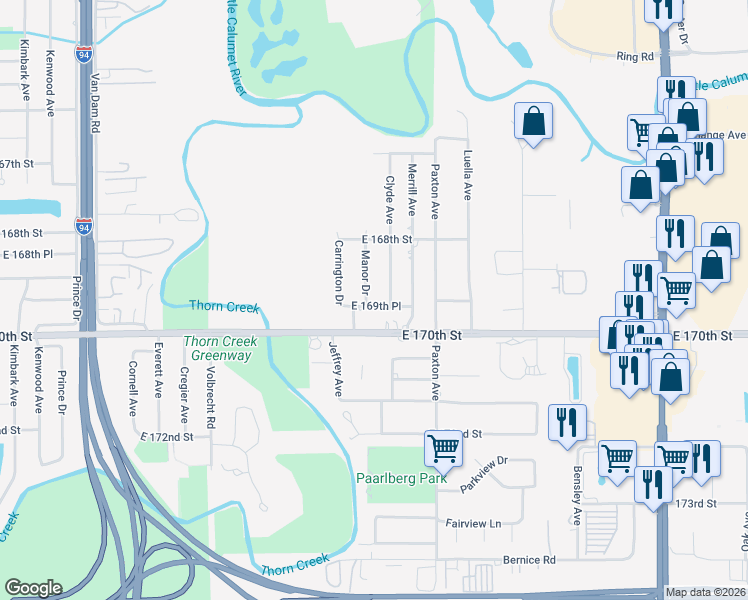 map of restaurants, bars, coffee shops, grocery stores, and more near 16911 Manor Drive in South Holland
