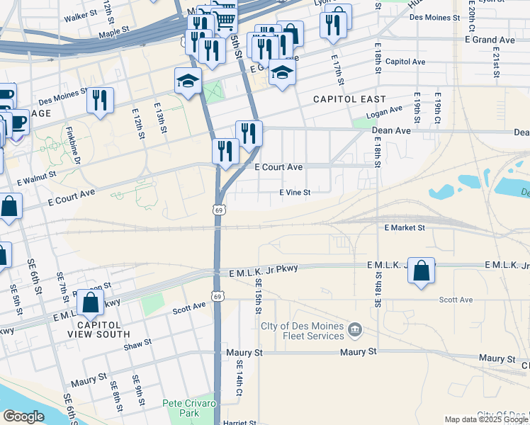 map of restaurants, bars, coffee shops, grocery stores, and more near 112 Southeast 15th Court in Des Moines