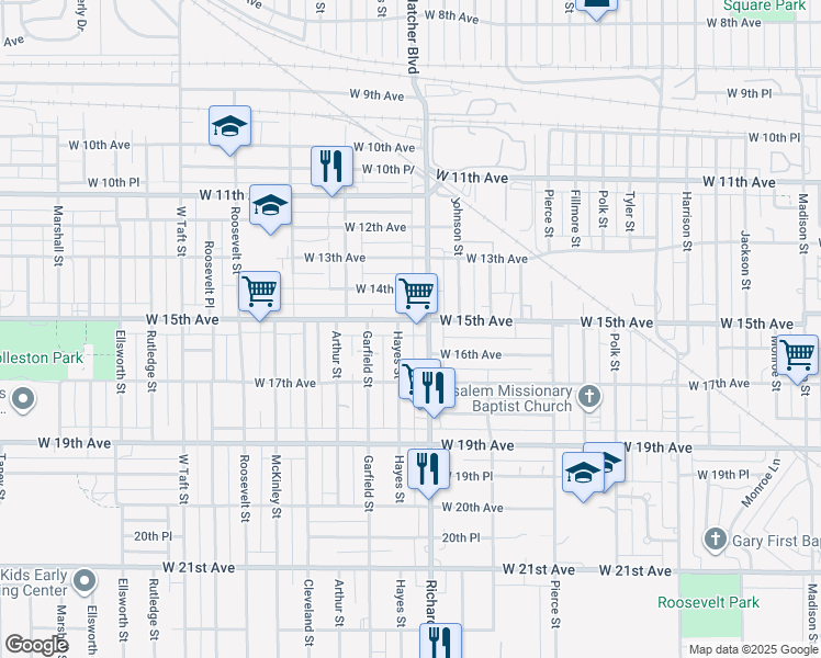 map of restaurants, bars, coffee shops, grocery stores, and more near 1623 West 15th Avenue in Gary