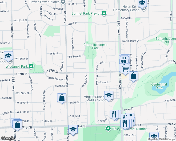 map of restaurants, bars, coffee shops, grocery stores, and more near 16653 Richards Drive in Tinley Park