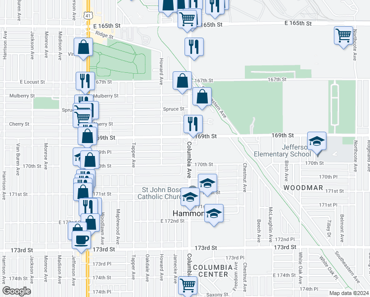 map of restaurants, bars, coffee shops, grocery stores, and more near 6924 Columbia Avenue in Hammond