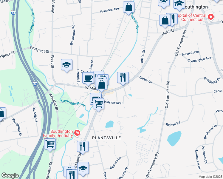 map of restaurants, bars, coffee shops, grocery stores, and more near 740 Main Street in Southington