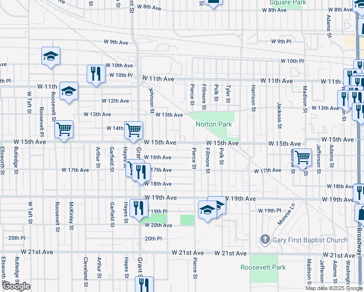 map of restaurants, bars, coffee shops, grocery stores, and more near 1237 West 15th Avenue in Gary