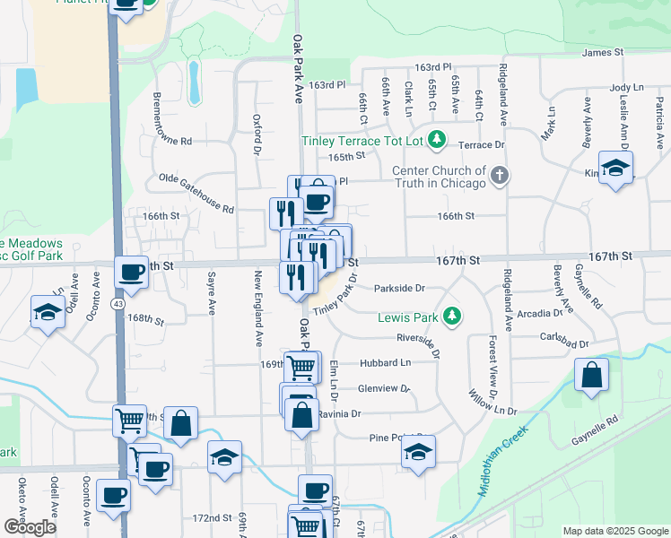 map of restaurants, bars, coffee shops, grocery stores, and more near 16711 Oak Park Avenue in Tinley Park
