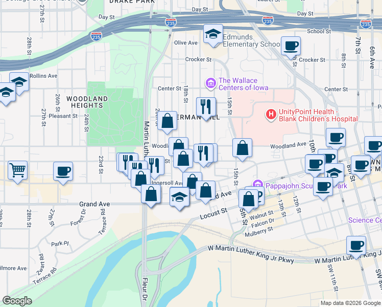 map of restaurants, bars, coffee shops, grocery stores, and more near 1707 High Street in Des Moines