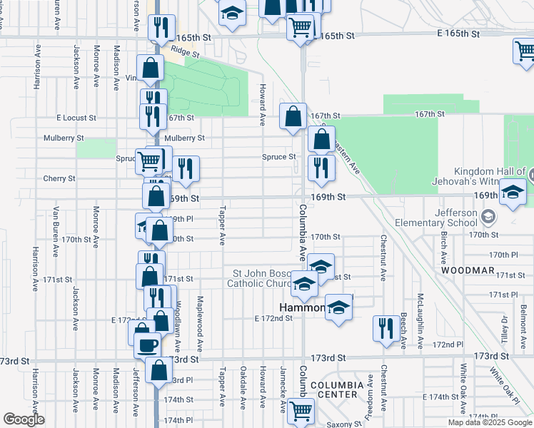 map of restaurants, bars, coffee shops, grocery stores, and more near 1105 169th Place in Hammond