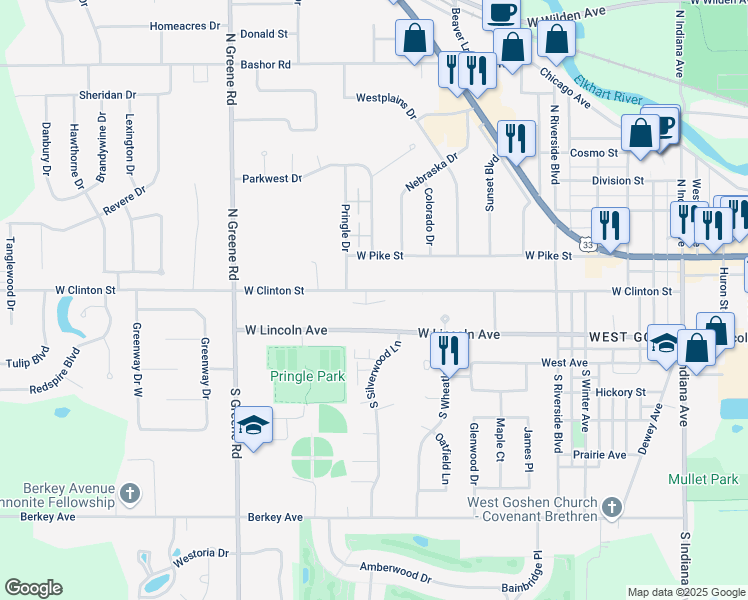 map of restaurants, bars, coffee shops, grocery stores, and more near 1817 Holly Court East in Goshen