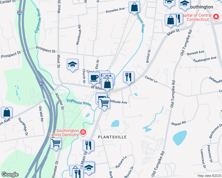 map of restaurants, bars, coffee shops, grocery stores, and more near 19 West Main Street in Southington