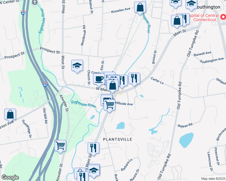 map of restaurants, bars, coffee shops, grocery stores, and more near 19 West Main Street in Southington