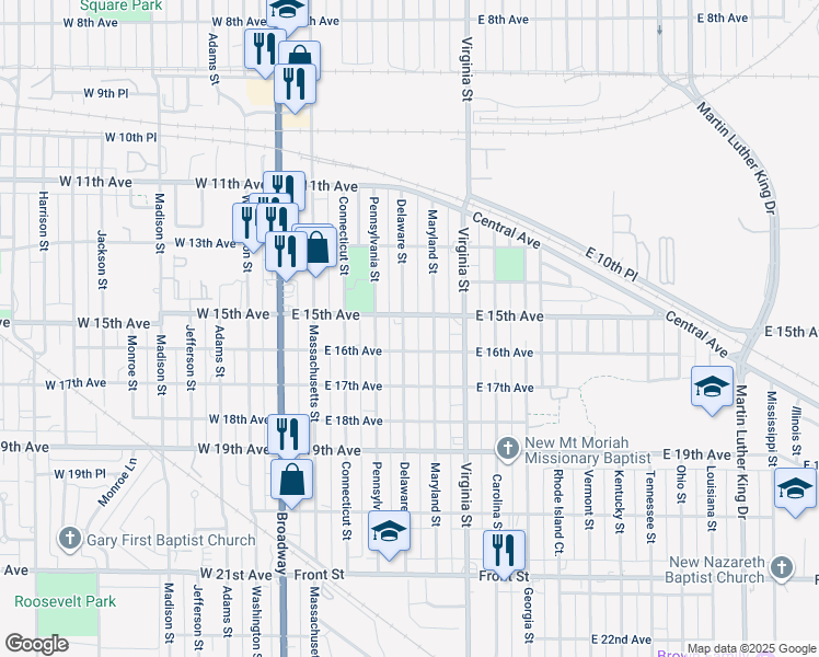 map of restaurants, bars, coffee shops, grocery stores, and more near 1520 Maryland Street in Gary