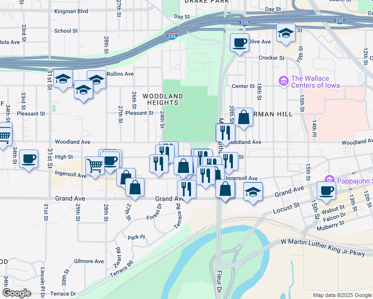 map of restaurants, bars, coffee shops, grocery stores, and more near 607 23rd Street in Des Moines