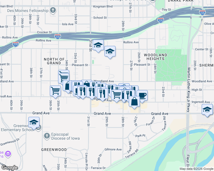 map of restaurants, bars, coffee shops, grocery stores, and more near 612 29th Street in Des Moines
