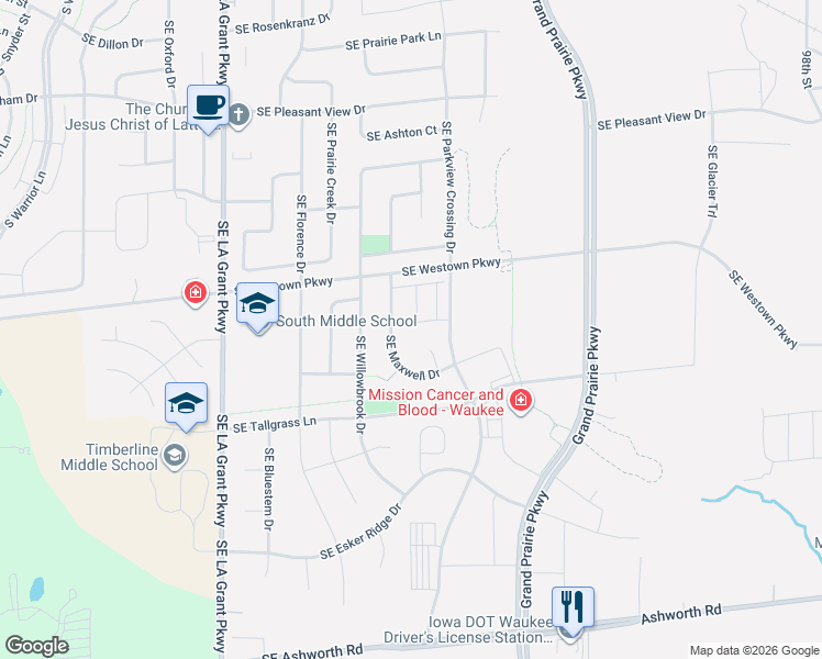 map of restaurants, bars, coffee shops, grocery stores, and more near 2350 Southeast Maxwell Drive in Waukee