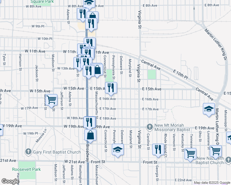 map of restaurants, bars, coffee shops, grocery stores, and more near 1517 Pennsylvania Street in Gary