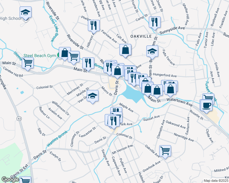 map of restaurants, bars, coffee shops, grocery stores, and more near 54 Davis Street in Watertown