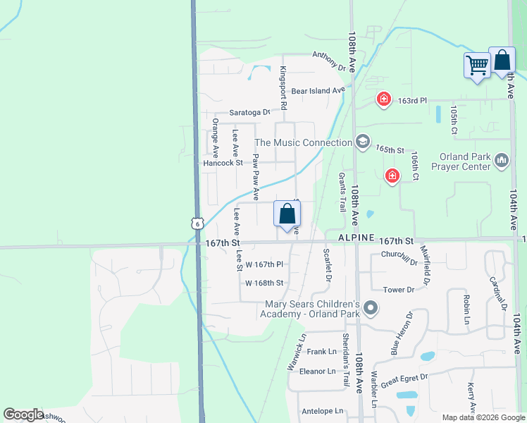 map of restaurants, bars, coffee shops, grocery stores, and more near 16628 Grant Avenue in Orland Park