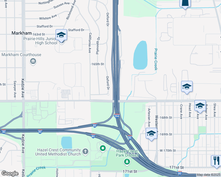 map of restaurants, bars, coffee shops, grocery stores, and more near 16621 Oxford Drive in Markham